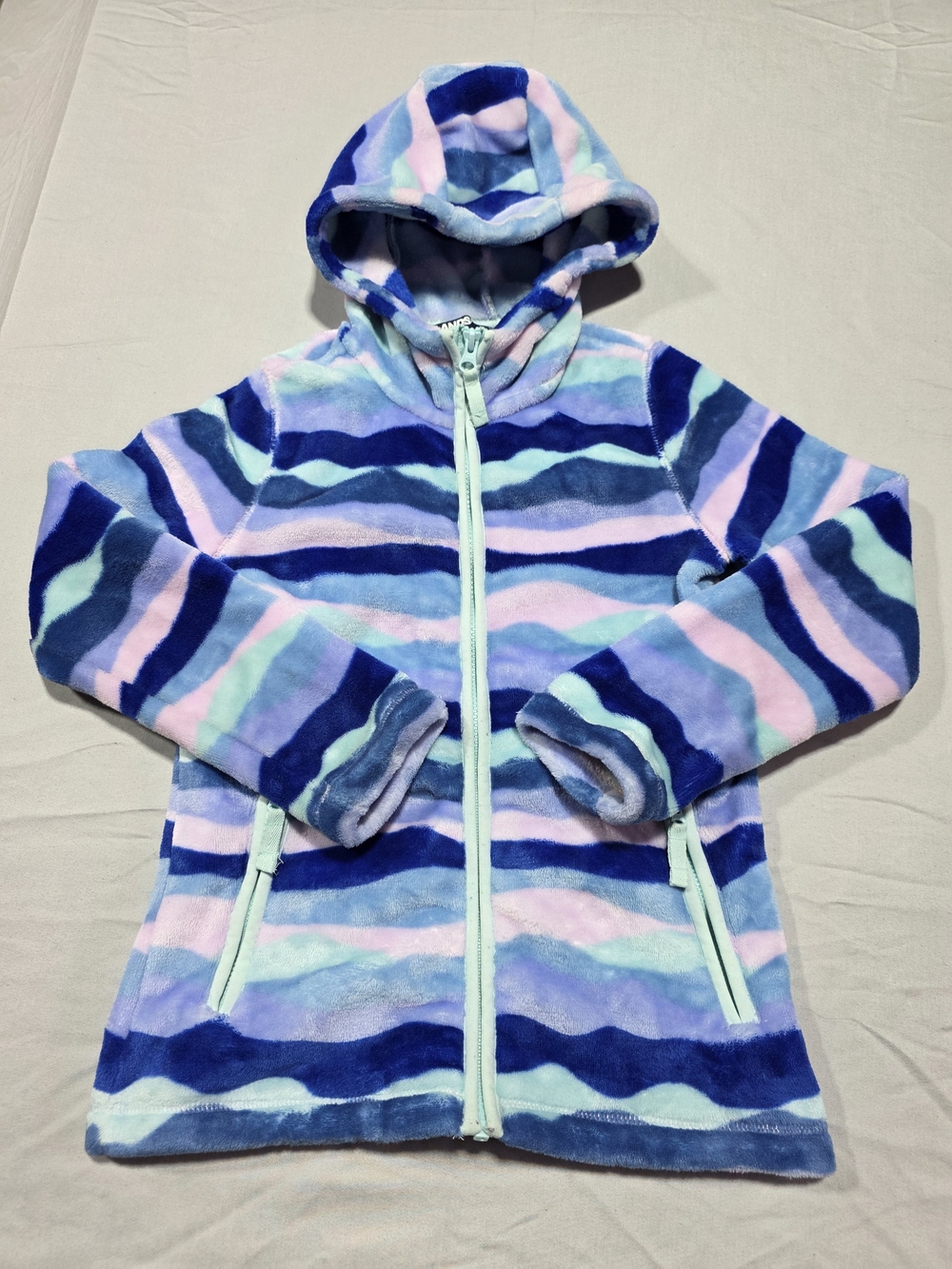 Lands' End Girls' Hooded Plush Zip Jacket — Blue, Pink & Mint Stripes